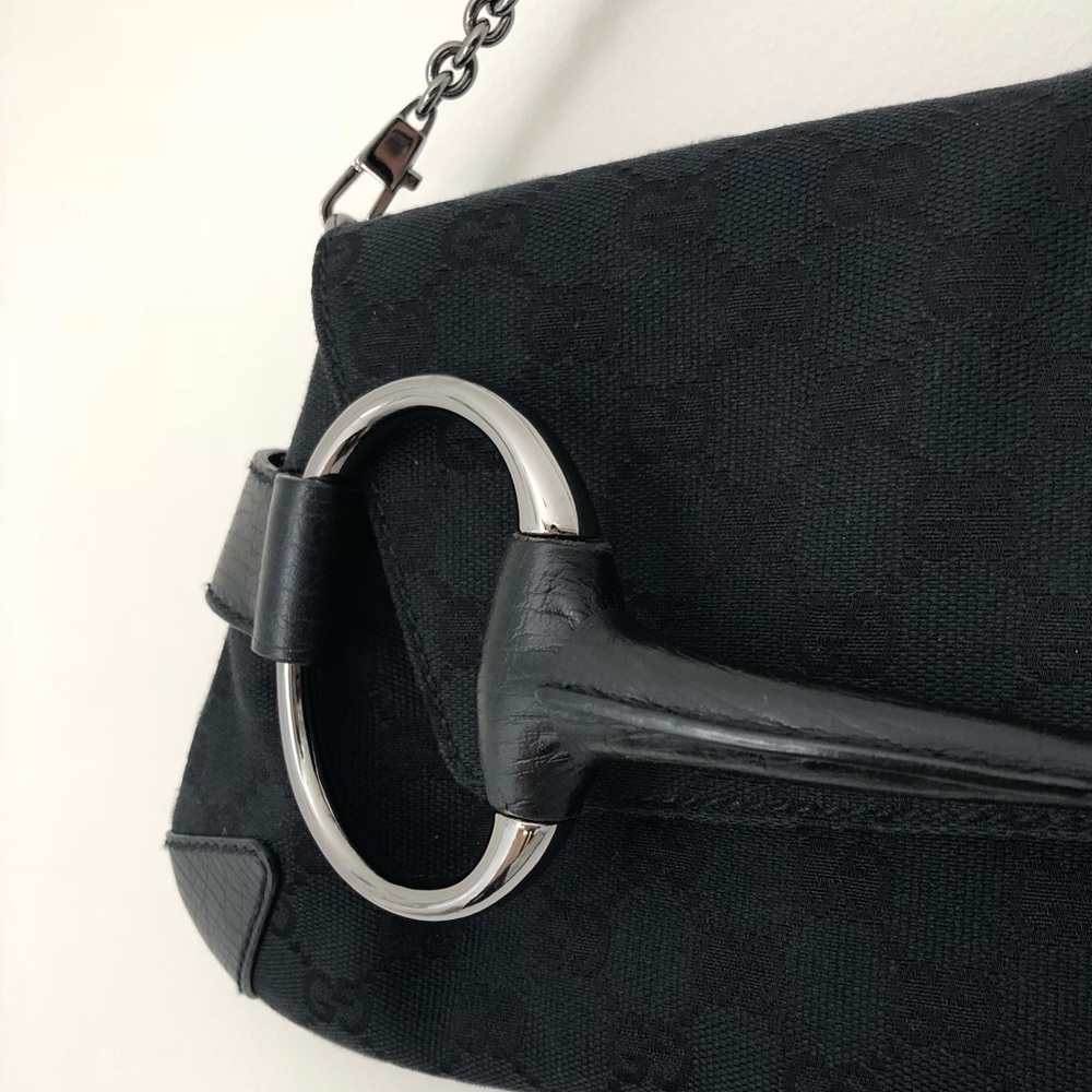 Gucci Black Monogram Horse Bit Silver Chain Purse - Picture 5 of 8